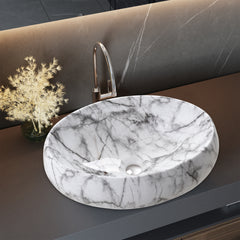 White Ceramic Bathroom Vanity Wash Basin Sink Countertop Oval Marble Effect Bowl With Stainless Steel Drainer Kit, Hand Wash Basin, Classic Design White Marble Effect Oval Sink for Bathroom Lavatory, Hotel Vanity Unit, 48x34x14.5cm, Only Basin