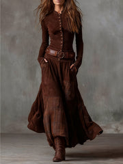 A Retro-Style Maxi Dress Featuring a Stand Collar, Single-Breasted Buttons, And a Waist-Cinched Design with Pockets And a, Adorned with Contrasting Check Patterns, Ideal for Daily Wear And Vintage-Themed Events