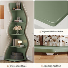 Wavy Office BookShelf, Modern 5-Tier Bookshelf Bookcase with Curvy Shape, Unique Plant Stand Display Rack for Living Room Small Space (Green)