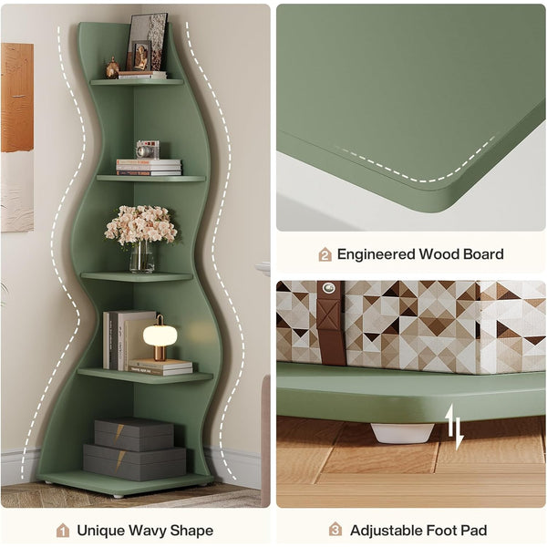 Wavy Office BookShelf, Modern 5-Tier Bookshelf Bookcase with Curvy Shape, Unique Plant Stand Display Rack for Living Room Small Space (Green)