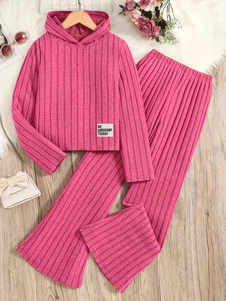 A Set of Women's Ribbed Letter Applique Hoodie and Flared Pants