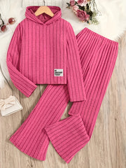 A Set of Women's Ribbed Letter Applique Hoodie and Flared Pants