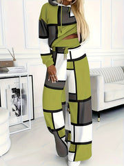 Casual Color Block 2pcs Set, Long Sleeve Hooded Top And Drawstring Pants, Women'S Clothing
