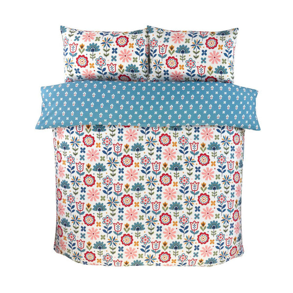 Petal Parade Floral Duvet Cover Set | Reversible Scandinavian Folk Bloom Design in Multicolour & Blue | Soft Microfibre 180 Thread Count | Includes Pillowcases – Breathable & Easy-Care Bedding – Single, Double, King Sizes | Machine Washable | Fast Dispatc