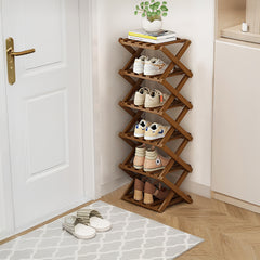 4/5/6/7 Tiers Bamboo Wooden Shoe Rack, Vertical Shoe Racks Storage Shelves Tall Shoe Tower, Collapsible Narrow Shoe Stand, Installation Free Folding X-Shape Shoe Racks Sneakers Slippers Holder Organizer, Multi Functional Shoe Rack Durable Footwear Cabinet