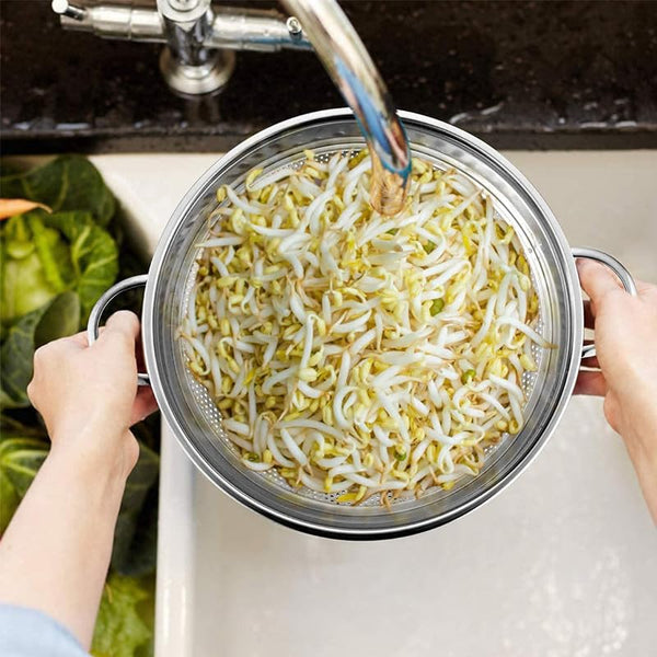 STL Steel Colander with Double Handles 16.5cm, Micro-Perforated for Draining Pasta, Rice, Fruits, Vegetables, Dishwasher Safe Kitchen Strainer, Metal Food Filter, Easy to Clean and Durable
