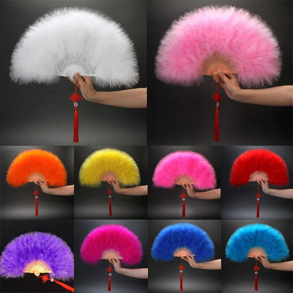 New Feather Folding Fan for Women - Elegant Green Down Feather Hand Fan with Tassel, 30.48cm Compact Foldable Design, 50.8cm Wide for Weddings, Dance, Costume Parties & Special Events, Dance Props, Traditional Costume Fan, Soft Feather Texture