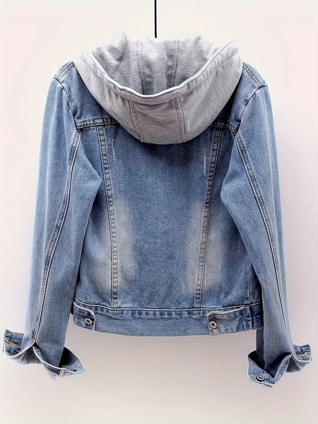 Women'S Detachable Hoodie Denim Jacket Casual Hooded Buttons Long Sleeve Jean Jackets Coat With Pockets, Suitable For Daily Commuting, Dates And Dinners