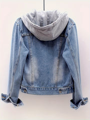 Women'S Detachable Hoodie Denim Jacket Casual Hooded Buttons Long Sleeve Jean Jackets Coat With Pockets, Suitable For Daily Commuting, Dates And Dinners
