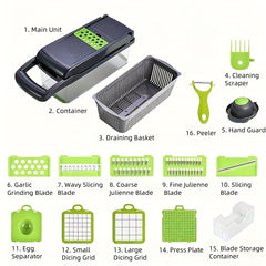 A Versatile Kitchen Gadget That Offers 16 Functions for Making Salads, Fruits, And Vegetables, Featuring Tools Like a Peeler, Cutter, Slicer, Dicer, And Chopper