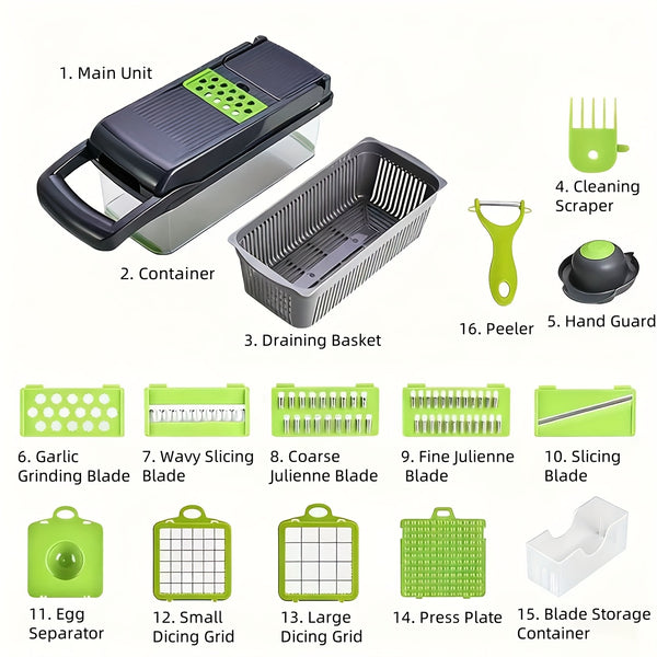 A Versatile Kitchen Gadget That Offers 16 Functions for Making Salads, Fruits, And Vegetables, Featuring Tools Like a Peeler, Cutter, Slicer, Dicer, And Chopper