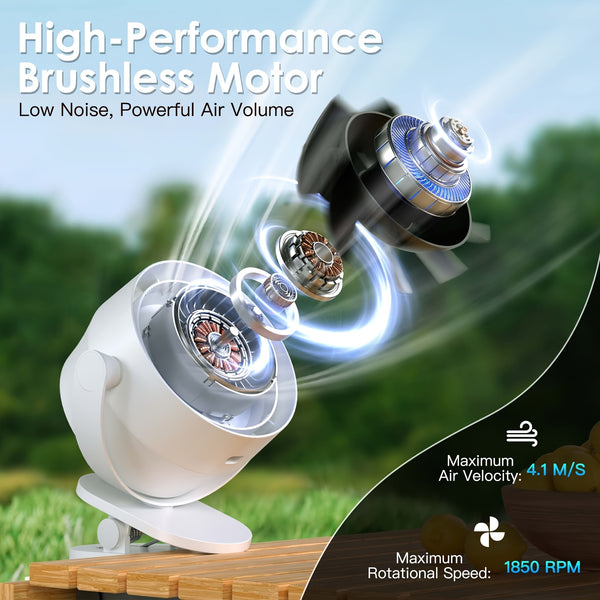 Portable Clip-On Desk Fan F7 - 4000mAh Battery, 2.5-16H Runtime, 100-Speed Touch Control, 360° Rotation, Natural Wind/Timer Modes for Office, Bedroom, Travel - Lightweight 550g