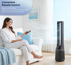 Puremate 2-In-1 Bladeless Tower Fan & Air Purifier with HEPA Filter, 10 Speed Settings, Portable Ultra Quiet Standing Fan with Remote Control, Digital Display, Powerful Air Cooling for Home & Office