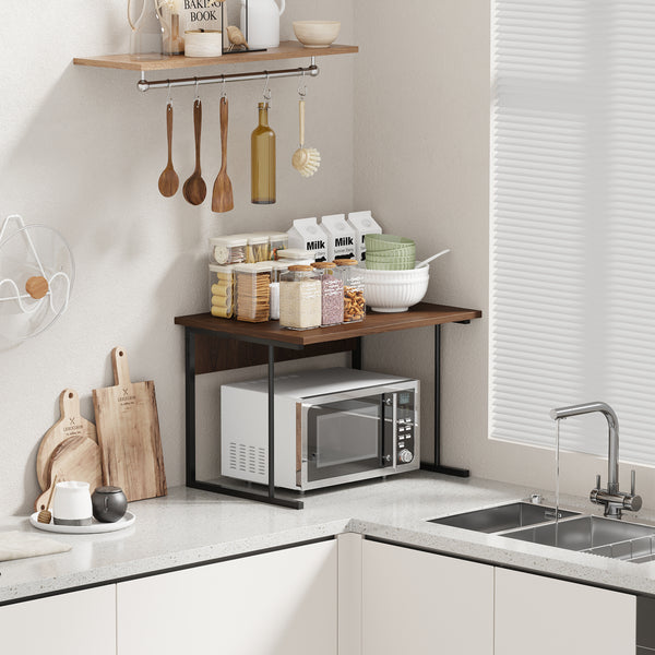 2-Tier Microwave Oven Shelf Stand, Kitchen Countertop Storage Rack Spices Rack Freestanding, Home Office Printer Stand Multifunctional Unit Shelving Wood Top Metal Frame