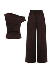 KatchMe Women's 2-Piece Outfit - Sloping Shoulder Top & Wide Leg Pants Set, Shirred Detail Matching Coord, Minimalist Solid Color Two Piece