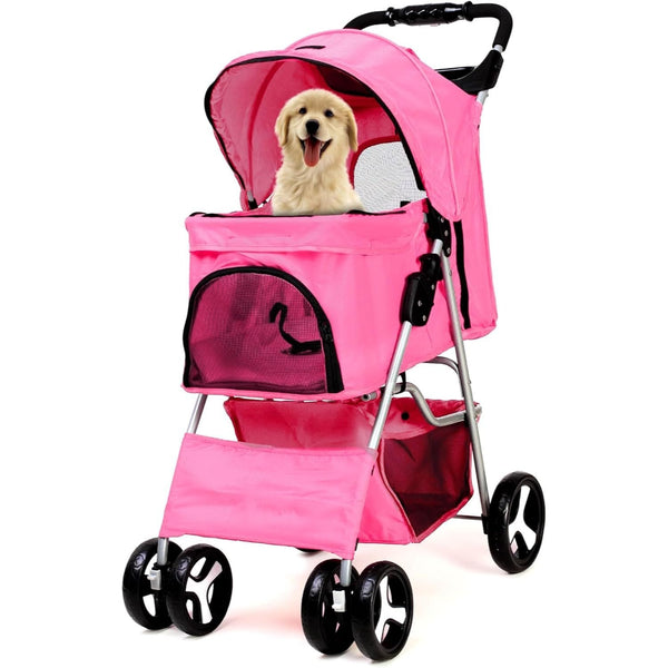 Foldable Pet Stroller With Rain Cover, Portable Foldable Outdoor Walking Cart with Large Space, Hand-Pull Design, Durable Oxford Fabric, Ergonomic Handle & Ventilation Mesh, Lightweight & Sturdy Frame For Small To Medium Dogs - Outdoor Pet Carrier, Modern