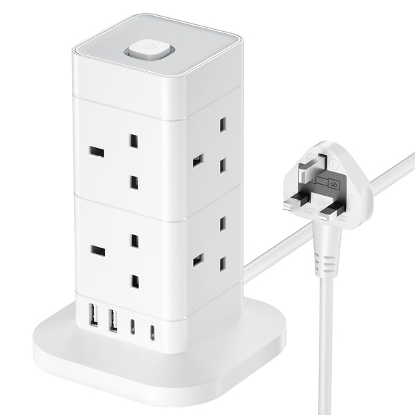 2M Tower Extension Lead With USB Slots, Hotimy 8 Way 4 USB (2 USB-A&2 USB C) Multi Plug Extension Tower, Surge Protected Extension Lead With Switch, 2 Meters Extension Cable For Home Office 13A 3250W