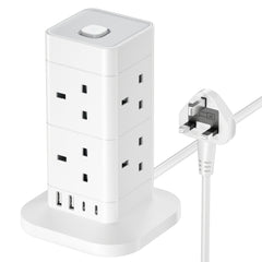 2M Tower Extension Lead With USB Slots, Hotimy 8 Way 4 USB (2 USB-A&2 USB C) Multi Plug Extension Tower, Surge Protected Extension Lead With Switch, 2 Meters Extension Cable For Home Office 13A 3250W