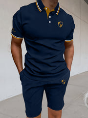 Men'S Polo Shirt Fashion Casual Set Pique Mesh Letter Pattern Top And Bottom