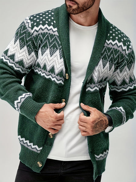 Men's Casual Geometric Pattern Cardigan Sweater - Navy Blue with White and Black Accents, Button-Up Collar, Machine Washable, Polyester for Fall/Winter