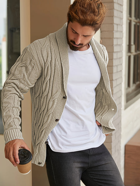 Men'S Solid Cable Knit Cardigan Fall Winter Button-Up Knit Coat