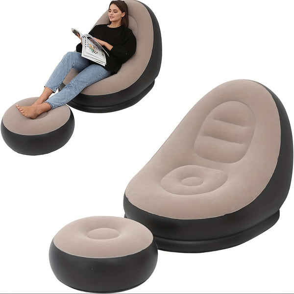 59-Inch Inflatable Lounge Chair Designed for Adults, a Portable Lazy Sofa Complete with a Footstool. This Flocked Recliner Is Perfect for Both Indoor And Outdoor Use
