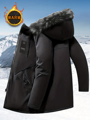 Men'S Mid-Length Oversized Hooded Jacket - Thick Fleece-Lined Full Zip Cardigan, with Drawstring Hood, Suitable for Cold Weather - Casual And Formal Outerwear, European And American Style, Perfect for Winter Layering
