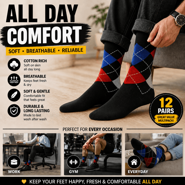 12 Pairs -Mens Cotton Rich Crew Socks | Honeycomb Comfortable Non-Tight Top Soft Breathable Stretch | Fit UK Size 6-11 | Everyday Casual Work Sports Running Gym Socks
