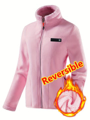 Women's Spring Casual Jacket, Thickened Shaggy Warm Printed Reversible Coral Sweatshirt, Double-Sided Outerwear