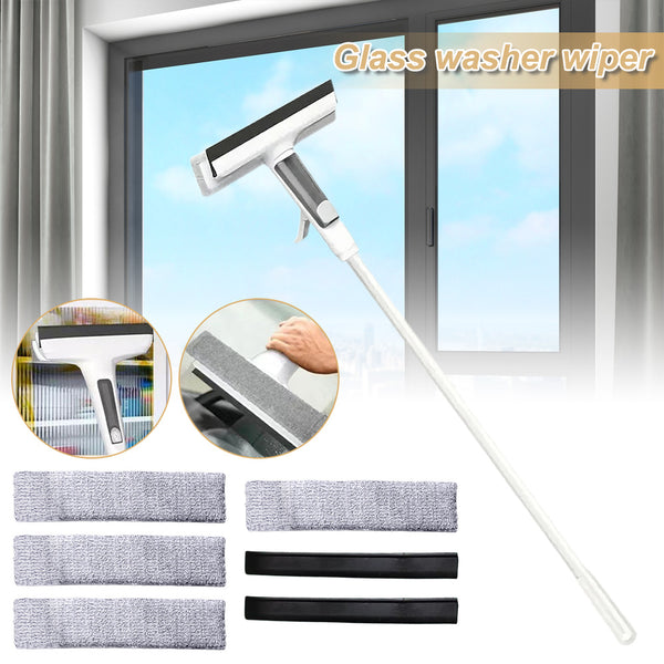 Professional-Grade Window Cleaner Kit with Rotatable Long Handle & 4 Fiber Cloths + 2 Silicone Strips - Heavy-Duty Indoor/Outdoor Glass Washing Tool for, Mirrors, Shower Doors, Car Glass - Easy-Install Hanging System, Durable Window