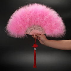 New Feather Folding Fan for Women - Elegant Green Down Feather Hand Fan with Tassel, 30.48cm Compact Foldable Design, 50.8cm Wide for Weddings, Dance, Costume Parties & Special Events, Dance Props, Traditional Costume Fan, Soft Feather Texture