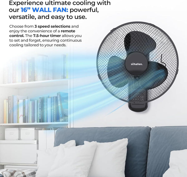 Schallen BLACK 16 Inch Wall Mounted Fan with Remote Control, Oscillating Cooling Fan 40cm, 3 Speed Settings, Timer Function, Quiet Wall Fan for Bedroom, Office, Kitchen, Garage, Home Cooling Fan UK, Adjustable Tilt Air Circulator, Energy Efficient Wall Fa