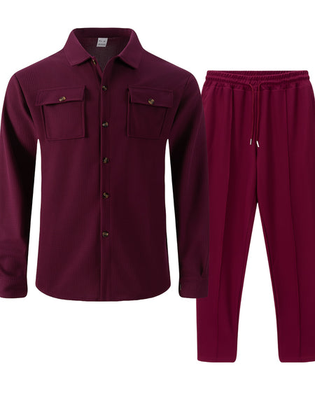 Men's Two-Piece Set, Autumn-Winter Casual Fashion Beach Dual Pocket Turn Collar Long Sleeve Shirt + Trousers Outfit for Fall/Winter Hawaiian Vacation