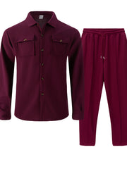 Men's Two-Piece Set, Autumn-Winter Casual Fashion Beach Dual Pocket Turn Collar Long Sleeve Shirt + Trousers Outfit for Fall/Winter Hawaiian Vacation