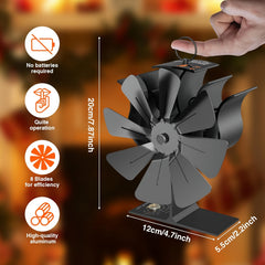 Heat-Powered Wood Stove Fan Compatible for wood/ pellet/ log burners - 8-Blade Portable Fireplace Fan with Temperature Reminder, Non-Electric Air Circulation System, Stove Top Fan for log burners & Fireplaces