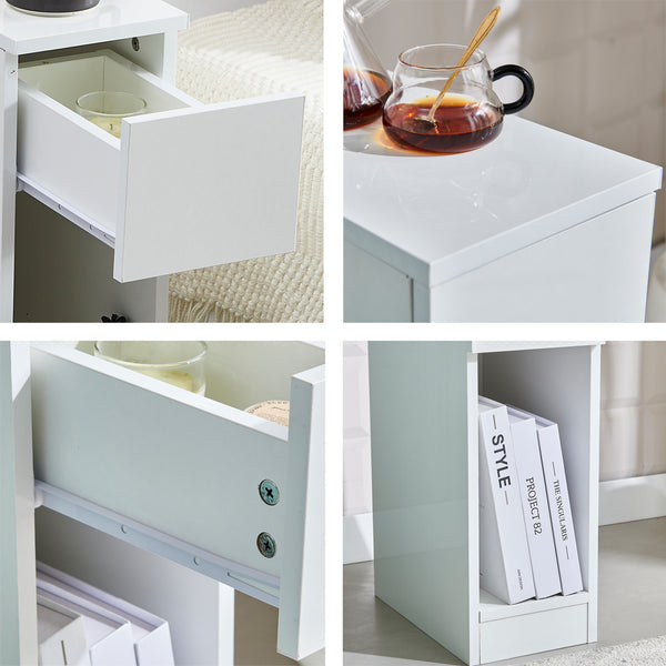 Slim Bedside Table, High Gloss Narrow Nightstand, Small Bedside Cabinet with Storage Space Saving for Bedroom Storage Unit, Living Room Small Sofa Side End Table
