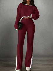 Women'S Short Color-Blocked Long-Sleeve Top with Solid Color Pants, a Casual And Stylish Outfit for Christmas