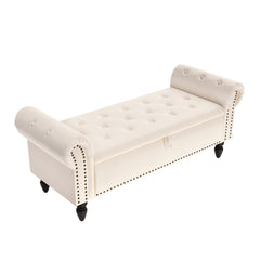 Ottoman Storage Bench, Velvet End Of Bed Storage Box With Lid, Sturdy Wood Legs Footrest, 168KG Load Capacity, Sofa Bench For Bedroom/Living Room, 133x53x46cm (Grey/Blue/Beige)