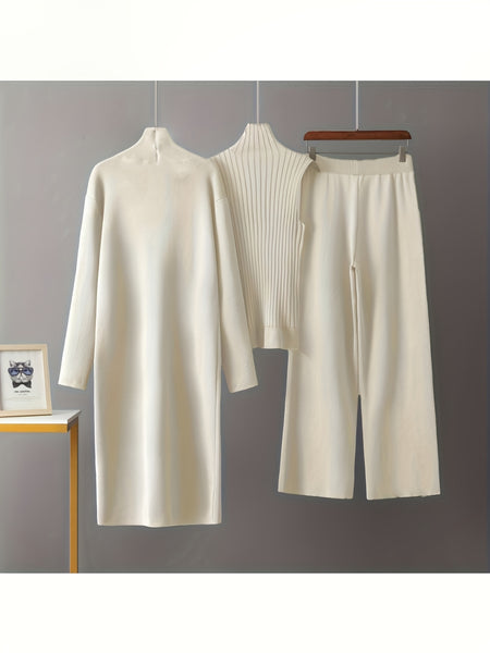 2025 newest suit high elasticity Women's loose suit, long wide-legged pants + shawl cardigan + turtleneck sweater fashion three-piece set Can be worn up to 70kg Suitable for female