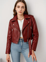 Women'S PU Motorcycle Jacket with Full-Zip Front Closure, Asymmetrical Zipper & Belted Waist - All-Season Casual Biker Jacket, Regular Fit Long Sleeve, Full-Length Zipper & Buckle Closure, White/Black Color Options for Everyday & Motorcycle Riding - Durab