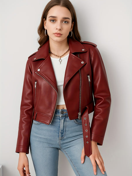 Women'S PU Motorcycle Jacket with Full-Zip Front Closure, Asymmetrical Zipper & Belted Waist - All-Season Casual Biker Jacket, Regular Fit Long Sleeve, Full-Length Zipper & Buckle Closure, White/Black Color Options for Everyday & Motorcycle Riding - Durab