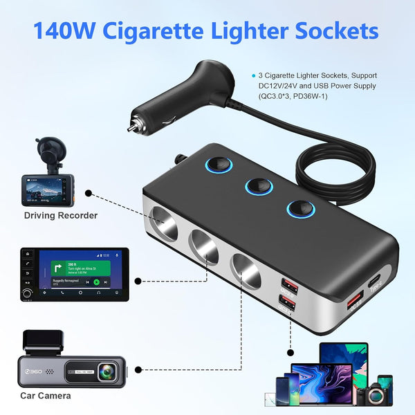 OOWOLF Cigarette Lighter Adapter 140W Cigarette Lighter USB Charger with 12V USB Socket Dual Plug/Port & Extension Lead Fast Charge for All Car Devices