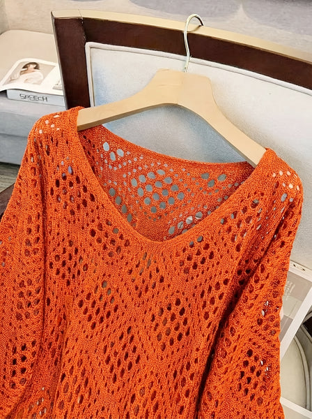 Plus Size - Plus Size - Plus Size Women'S Cashew Flower Loose Temperament Hollow Round Neck Pullover Long Sleeve Sweater