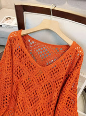 Plus Size - Plus Size - Plus Size Women'S Cashew Flower Loose Temperament Hollow Round Neck Pullover Long Sleeve Sweater