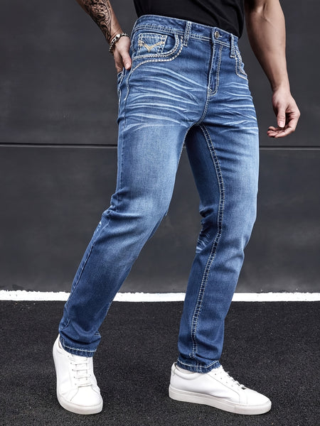 Men'S Elastic Washed Denim Jeans with Thick Line Embroidery on The Front And Back Pockets