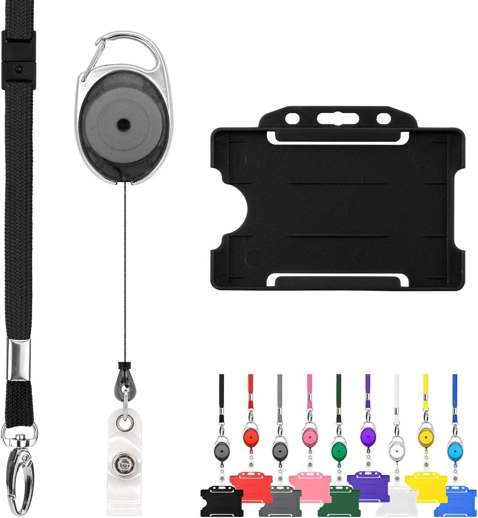 Retractable Lanyard and Badge Holder Trio Triple Pack by Lanyardstomorrow - Set Includes a Single Plain Lanyard, Extendable Carabiner Yoyo Reel Clip and Rigid ID Card Holder (Black)