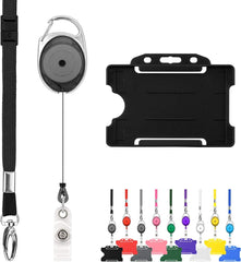 Retractable Lanyard and Badge Holder Trio Triple Pack by Lanyardstomorrow - Set Includes a Single Plain Lanyard, Extendable Carabiner Yoyo Reel Clip and Rigid ID Card Holder (Black)
