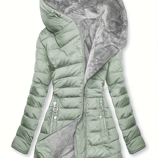 Women's Winter Fleece-Lined Hooded Jacket - Mid-Length Relaxed Fit Coat with Zipper Front, Long Sleeve Casual Outerwear for Cold Weather