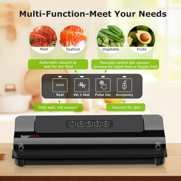 Bonsenkitchen Vacuum Sealer, Fast-Compact Vacuum Sealer Machine, High-Speed Continuous Working, Multi-Functional Food Vacuum Sealer with Vacuum Bags & Accessory Hose