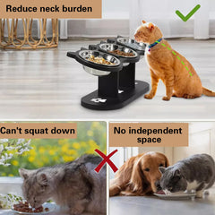 Pet Food Feeding Stand Station Stainless Cat Dog 3* Raised Bowls Wooden Holder
